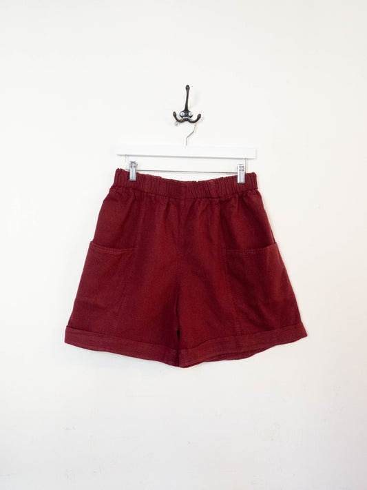 Deadstock Cotton/Linen Elastic Waist Shorts - Burgundy