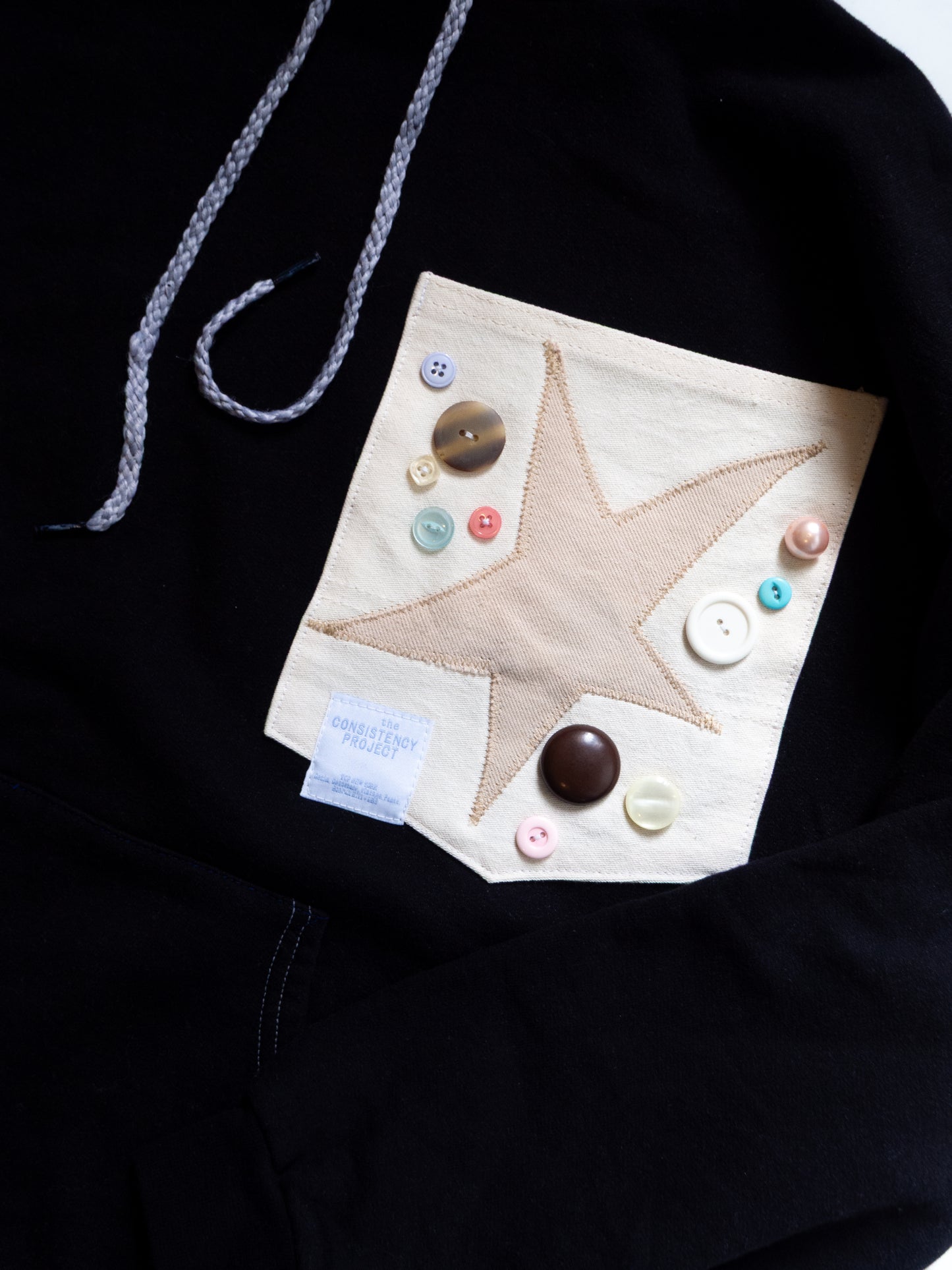 Reworked Pocket Hoodie (Size M) - Tan Star with Button Details